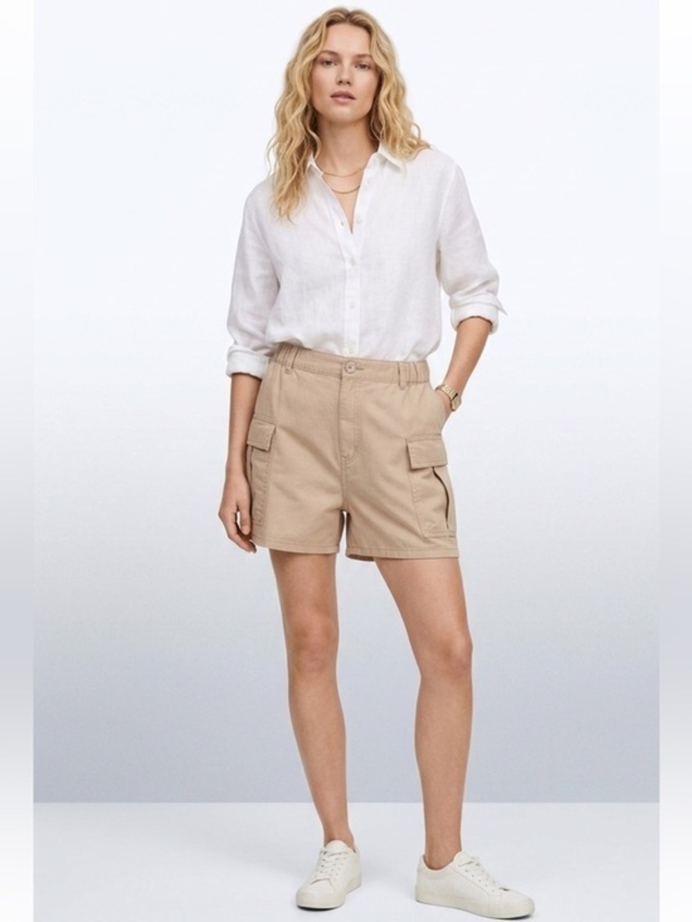 New H&M Highrise Beige Cargo Shorts Curve Cut Size Small